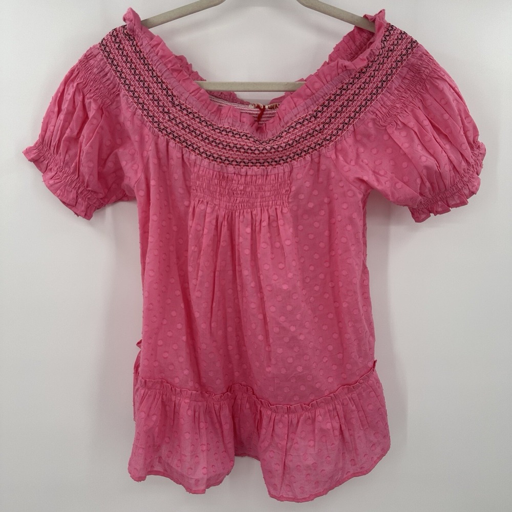 Banjanan Lucky Top Pink Jumbo Polka Candy Smocked Embroidered Peplum XS NEW